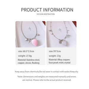 Detail showing pearl strawberry tassel necklaces with dimensions and material specs