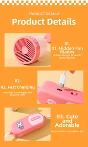 Detail of pink neck fan showing hidden safety blades, Type-C port, and cartoon rabbit strap