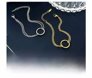 Close-up of double-layered titanium steel bracelets in gold and silver finish