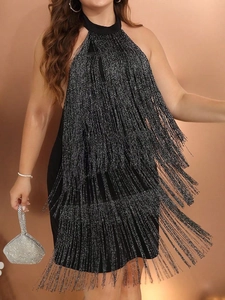 Elegant halter neck tassel mini dress for parties featuring sparkling silver and black fringe