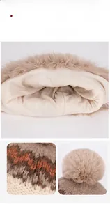 Detailed views of winter knit hat with plush lining, wave pattern, and soft fur pom-pom