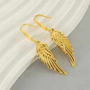 Elegant gold wing feather earrings in polished stainless steel with hook style design
