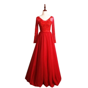 Elegant red V-neck long sleeve evening gown with lace sequins and flowing tulle skirt