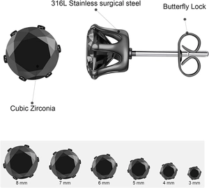 Detail view of 3-8mm black cubic zirconia stud earrings with butterfly lock and sizes