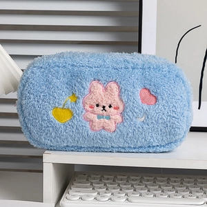 Astuccio in peluche blu con ricamo a coniglio e grande capacità per cancelleria scolastica