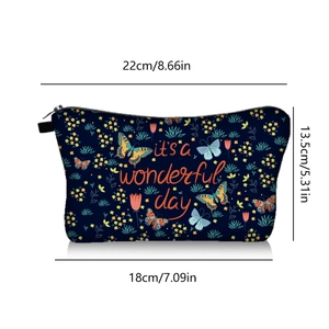 Detailed size chart showing dimensions for butterfly print cosmetic storage bag