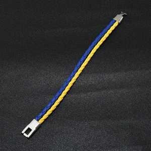 Blue and yellow woven leather bracelet with silver magnetic buckle in sporty style