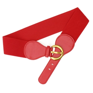Red elastic waist belt with gold semicircular buckle for dresses and coats