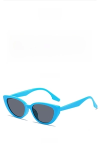 Blue cat eye sunglasses with grey lenses shown from front and side perspectives