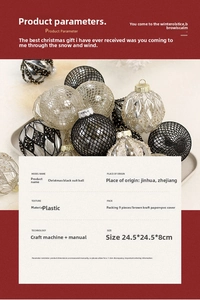 Detail of Christmas black ornament set with 9pcs mesh and glitter patterned balls