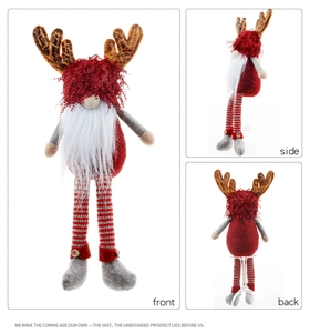 Front, side and back views of Christmas gnome with reindeer antlers and long striped legs