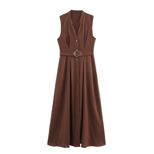 Women Sleeveless V Neck Maxi Dress Button Down High Waist With Belt Linen Like Polyester Streetwear Coffee Brown