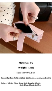 Pink PU leather wallet detail showing card slots, zipper coin pocket and 12.5x10x3.5cm size