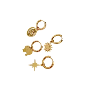 18K gold plated stainless steel hoop earrings set with star and evil eye charms