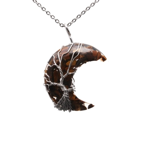 Handmade Tree of Life crescent moon pendant necklace with natural crushed gemstones