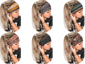 Showcase of six bohemian style African print headbands in various colorful patterns