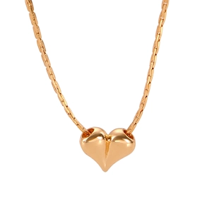 Elegant 3D heart pendant necklace in golden finish with fine woven chain on white backdrop