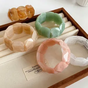 Wide Acrylic Bracelet Resin Geometric Irregular Faceted Marble Texture Elastic Vintage Fashion Jewelry For Women