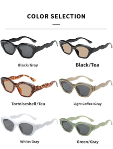 Polygon sunglasses color selection showing unique wavy temples in six retro color options
