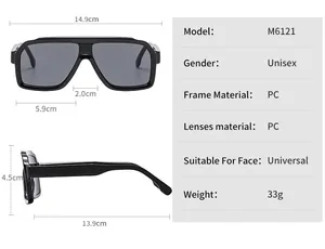 Detailed dimension guide for unisex retro PC frame sunglasses showing precise frame measurements