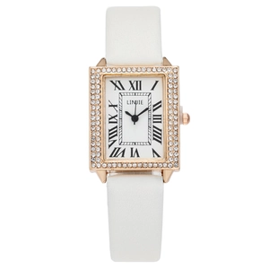 Montre quartz rectangulaire vintage pour femme avec lunette diamant or rose et bracelet cuir blanc