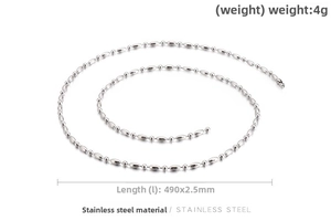 Detailed view of 2.5mm stainless steel bead chain with 490mm length and 4g weight specs
