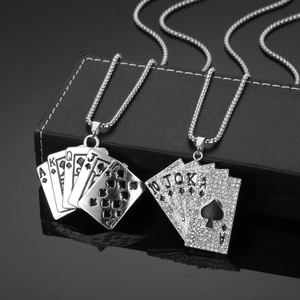 Collier Pendentif Poker Royal Flush Hip Hop Punk Alliage Strass Ton Argent Accessoire Mode Pour Hommes Femmes