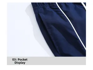 Detailed close-up of navy blue casual pants pocket with dual white stripe accents