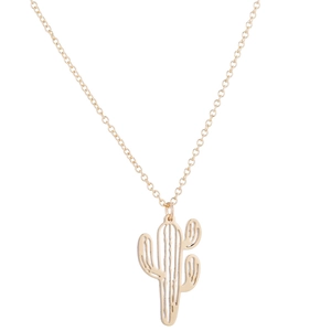 Detailed close-up of a gold-plated hollow cactus pendant necklace with polished finish