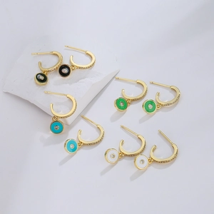 Set of 18K gold plated evil eye earrings with colorful enamel and zircon stones