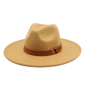 Camel wide brim wool fedora hat with brown leather band and silver rivet accents