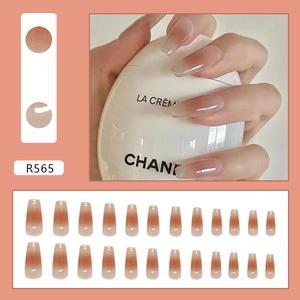 Long coffin gradient nude and reddish-brown press-on nails with a polished resin finish