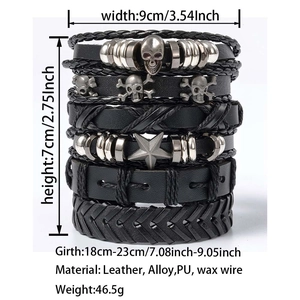Detailed view of layered leather and alloy bracelet stack with punk skull bead design