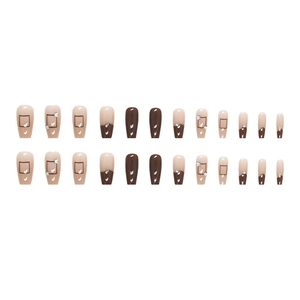 Brown sparkling press-on nails with square rhinestones in mid-long coffin shape