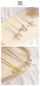 Detailed view of copper bow pendant necklace with sparkling cubic zirconia in gold and silver
