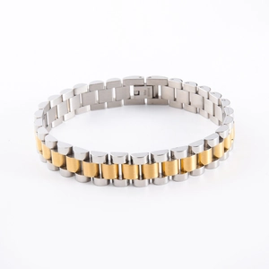 Two-tone silver and gold stainless steel watch band link bracelet with fold-over clasp