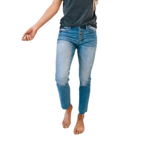 Women's light blue straight-leg denim jeans with classic five-button fly and high waist
