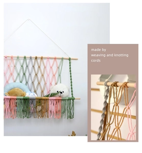 Détail d'un filet de rangement en coton macramé tissé à la main avec glands et barres