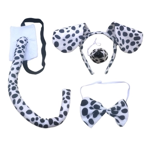 Detail view of dalmatian cosplay set with ears headband, nose, bowtie, and plush tail