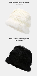 Detailed comparison of rabbit fur trim on white and black knitted bucket hats for winter