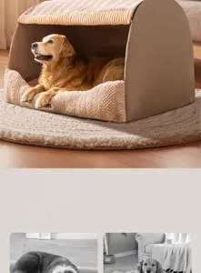 Close-up of cozy plush pet bed with soft beige interior and durable brown outer fabric