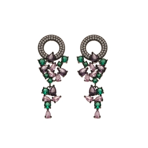 Elegant silver needle drop earrings with multicolored zircons in vintage palace style