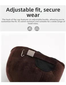 Detail of dark brown corduroy baseball cap with adjustable buckle and back strap