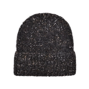 Detailed close-up of dark grey speckled knit beanie showing thick wool blend texture
