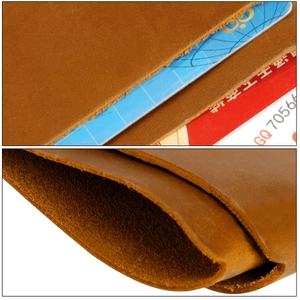 Macro detail of crazy horse leather card holder showing thickness and card slot design
