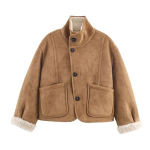 Women's reversible brown faux suede jacket with white fleece lining and high collar