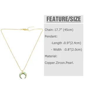 Size chart showing crescent moon pendant dimensions and materials for the necklace