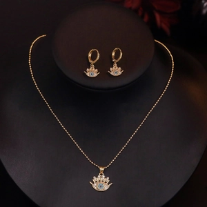 18K gold plated copper Evil Eye necklace and earrings set with blue zircon stones