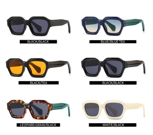 Multiple irregular polygon sunglasses in black, blue, tortoiseshell, and white colors