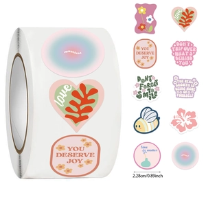Detailed view of 0.89 inch round reward stickers with cute illustrations and quotes